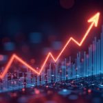 A digital stock market chart displaying Palantir Technologies’ share price rising sharply against a backdrop of AI-related icons and a futuristic cityscape.