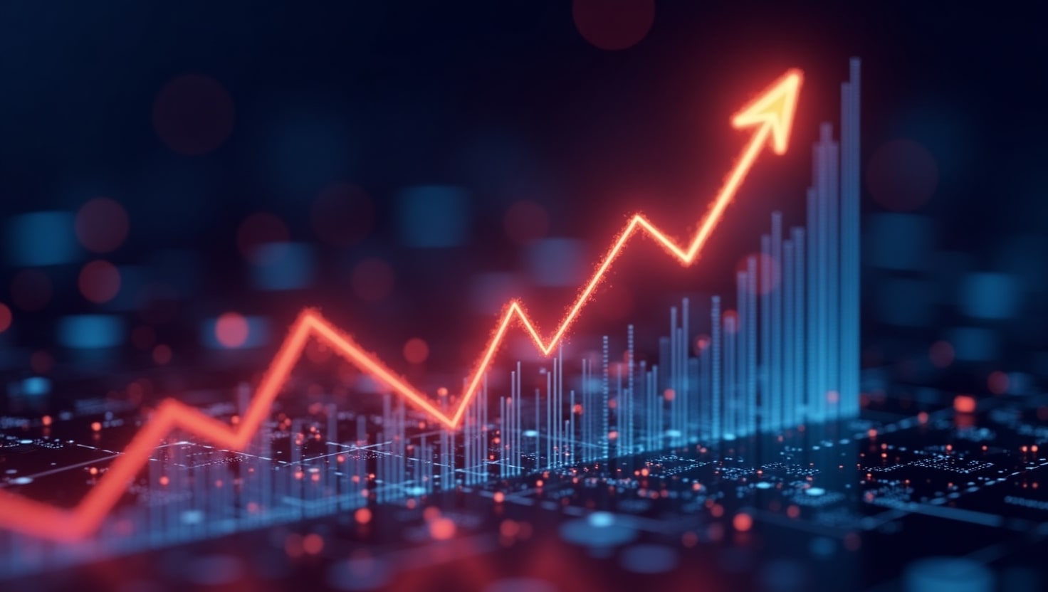 A digital stock market chart displaying Palantir Technologies’ share price rising sharply against a backdrop of AI-related icons and a futuristic cityscape.
