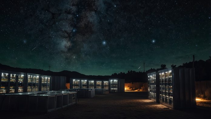 A brightly lit Argo Blockchain cryptocurrency mining facility under a starry night sky, with glowing server racks visible through large windows.