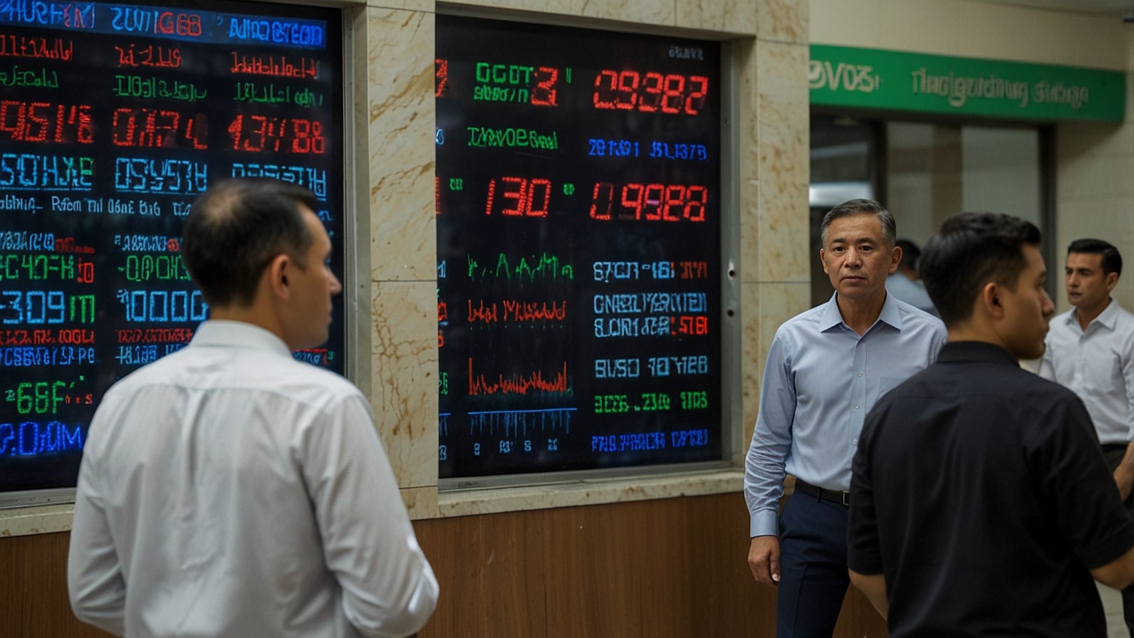 A bustling Tashkent currency exchange market with traders and digital boards displaying the USD to UZS exchange rate, reflecting the August 2025 surge.
