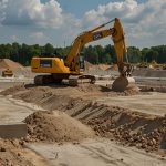 A busy construction site with CRH-branded materials, including concrete and aggregates, being used to build a modern infrastructure project.