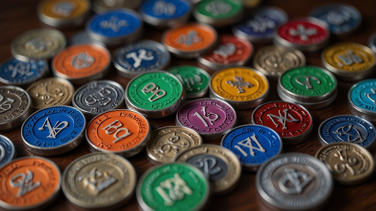 A collection of colorful Narcotics Anonymous sobriety coins arranged on a table, including 24-hour, 30-day, and one-year medallions, symbolizing recovery milestones.