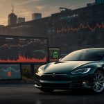 A digital chart depicting Tesla's stock price increase on August 18, 2025, with a backdrop of electric vehicles and financial graphs.