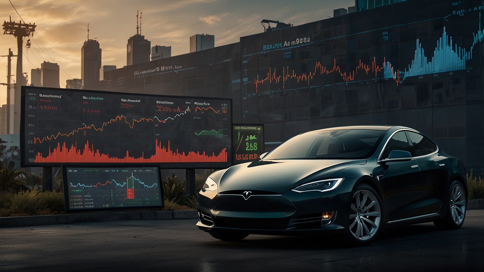 A digital chart depicting Tesla's stock price increase on August 18, 2025, with a backdrop of electric vehicles and financial graphs.