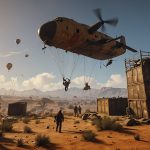 A dramatic scene from Rust showing a cargo plane flying over a desert landscape with a parachute crate descending, surrounded by players fighting for loot in the August 2025 update.