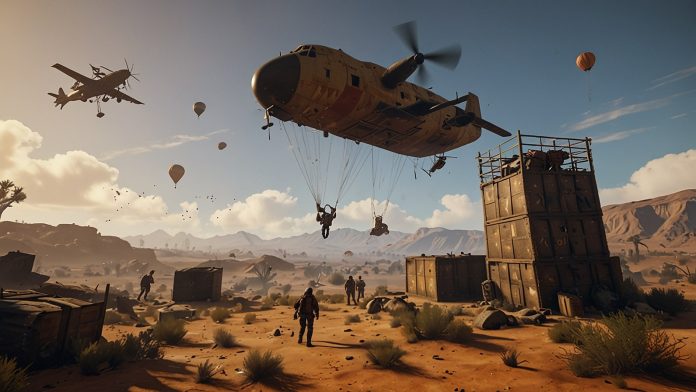 A dramatic scene from Rust showing a cargo plane flying over a desert landscape with a parachute crate descending, surrounded by players fighting for loot in the August 2025 update.