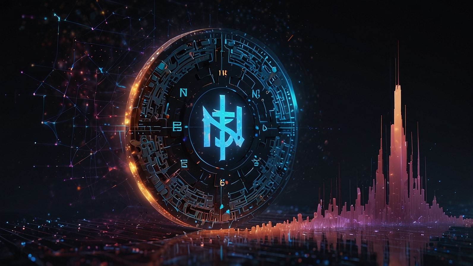 A futuristic digital artwork featuring a glowing Neurashi (NEI) coin surrounded by AI neural networks and Solana blockchain nodes, with a dynamic price chart rising in the background.