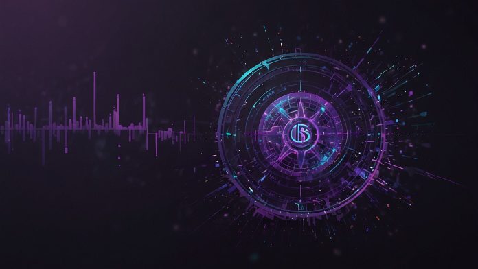 A futuristic digital illustration of the Inspect Coin logo, featuring a glowing purple INSP symbol with a Web3 analytics network background.