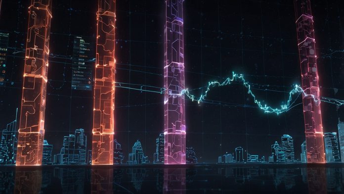 A futuristic digital illustration of the Avalanche blockchain network, showcasing glowing AVAX tokens and interconnected nodes against a backdrop of financial charts, symbolizing the $300 million SkyBridge tokenization deal and VanEck ETF filing.