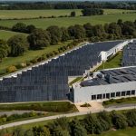A modern, eco-friendly Unilever manufacturing facility in Port Sunlight, UK, with solar panels and green landscaping, showcasing the company’s commitment to sustainability.