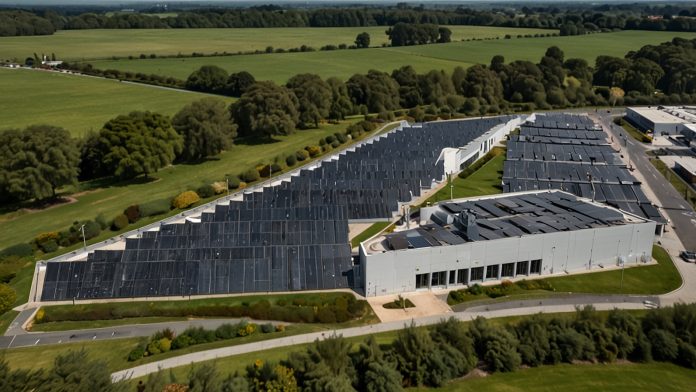 A modern, eco-friendly Unilever manufacturing facility in Port Sunlight, UK, with solar panels and green landscaping, showcasing the company’s commitment to sustainability.