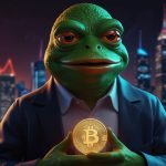 A vibrant digital illustration of Pepe the Frog holding a glowing Pepe Coin, with a dynamic chart showing a rising price trend in the background, set against a futuristic crypto market cityscape.