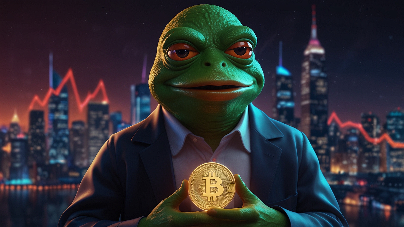 A vibrant digital illustration of Pepe the Frog holding a glowing Pepe Coin, with a dynamic chart showing a rising price trend in the background, set against a futuristic crypto market cityscape.