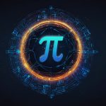 A vibrant digital illustration of the Pi Coin logo, featuring a glowing blue Pi symbol with a futuristic blockchain network background.