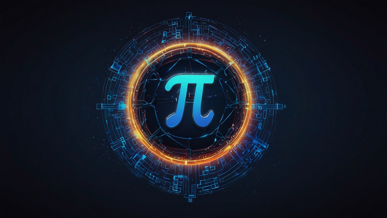 A vibrant digital illustration of the Pi Coin logo, featuring a glowing blue Pi symbol with a futuristic blockchain network background.