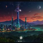 A vibrant digital interface of the Shiba Inu Metaverse homepage, showcasing a sleek download button for early access, surrounded by futuristic virtual land plots and Shiba Inu token graphics.