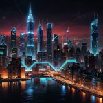 A vibrant digital rendering of the Tron blockchain network, featuring glowing TRX coins and USDT stablecoin symbols interconnected with dynamic data streams, set against a futuristic cityscape, representing the $1 billion USDT mint and Nasdaq listing.