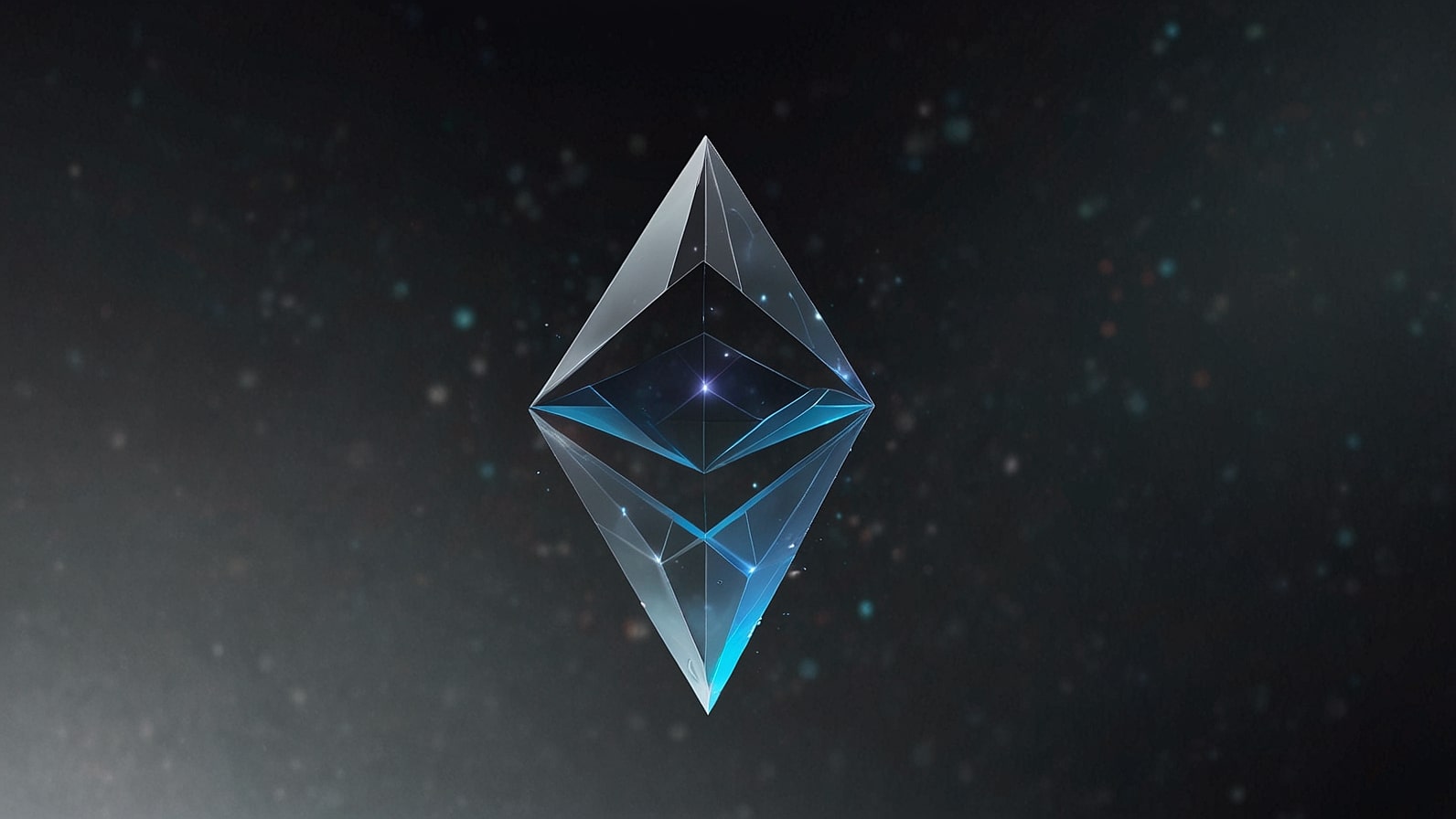 The official Ethereum logo, featuring a geometric diamond shape composed of interconnected triangles in shades of blue and grey against a transparent background.