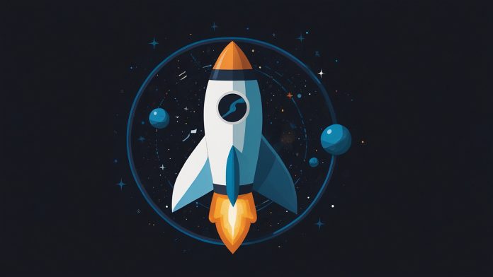 The official logo of the Stellar cryptocurrency, featuring a stylized white rocket orbiting a blue planet-like circle on a transparent background.