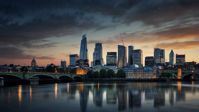 A dynamic stock market chart showing Metro Bank’s share price rising sharply, set against a backdrop of banking and financial icons with a London skyline.