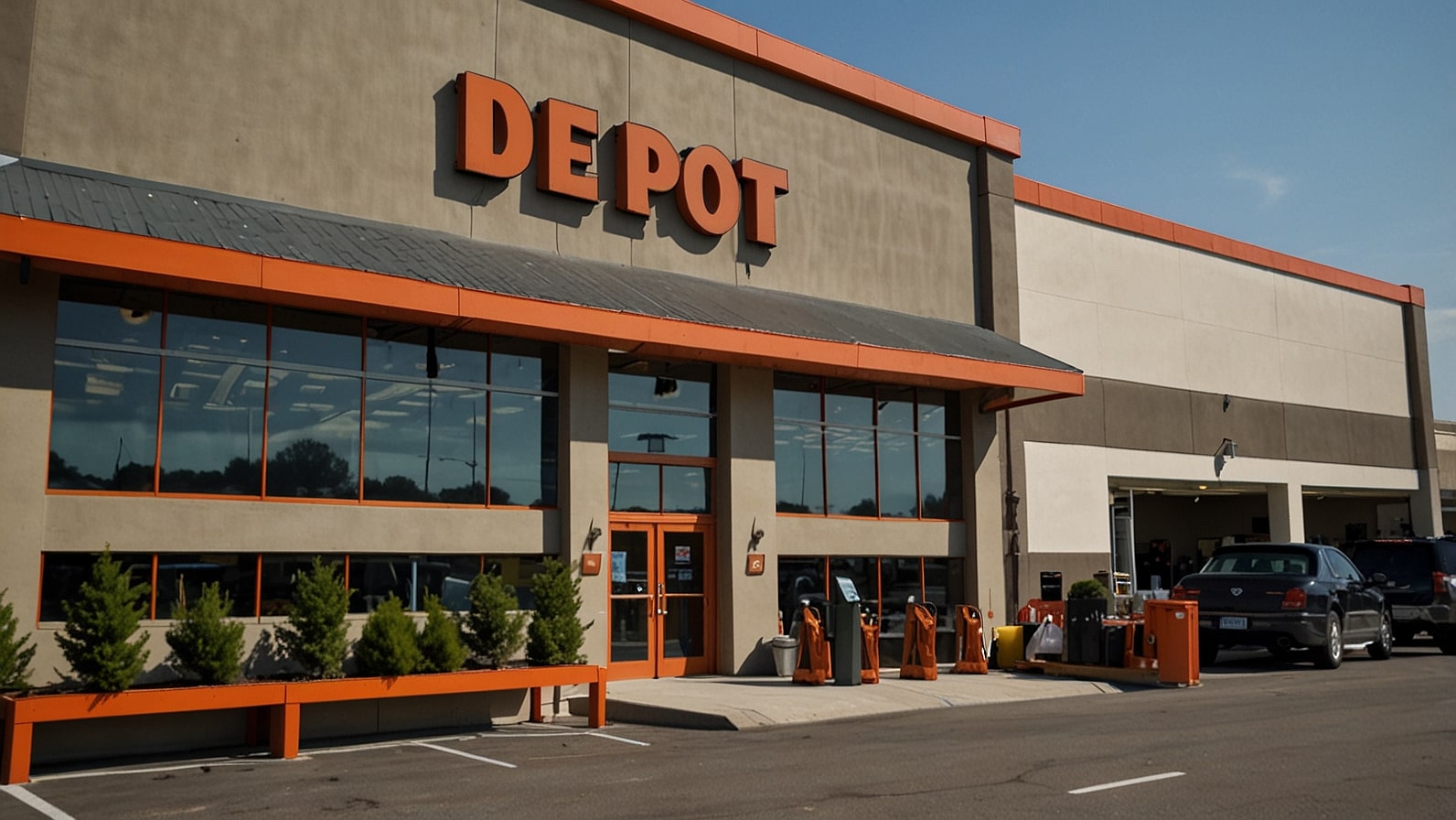 A vibrant Home Depot store exterior with customers entering and exiting, showcasing a busy retail environment with bright orange signage.