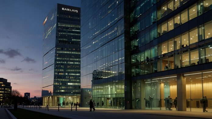 The modern glass facade of Barclays’ headquarters in Canary Wharf, London, illuminated at dusk, symbolizing the bank’s leadership in financial innovation and sustainability.