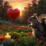 A digital illustration of a squirrel with a red heart-shaped balloon, surrounded by flowers and candles, symbolizing a memorial for Peanut the squirrel against a soft sunset background.