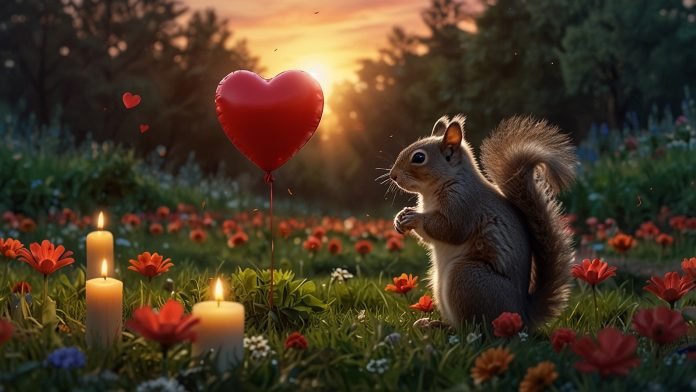 A digital illustration of a squirrel with a red heart-shaped balloon, surrounded by flowers and candles, symbolizing a memorial for Peanut the squirrel against a soft sunset background.