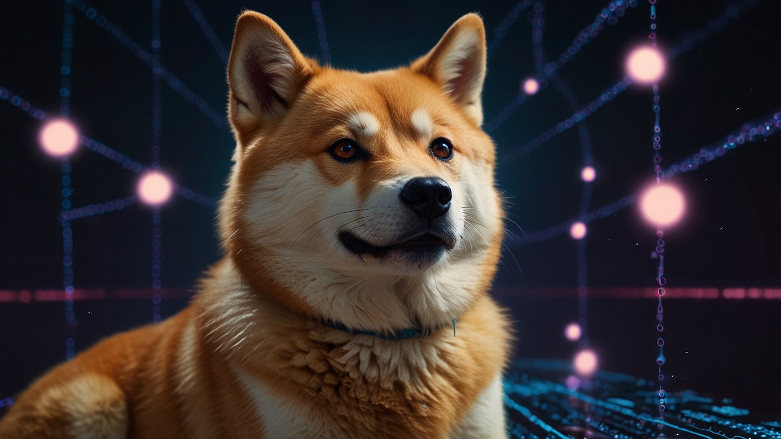 Vibrant digital illustration of the Dogecoin (DOGE) logo featuring the iconic Shiba Inu, set against a dynamic blockchain network, symbolizing its 2025 price surge and whale accumulation.