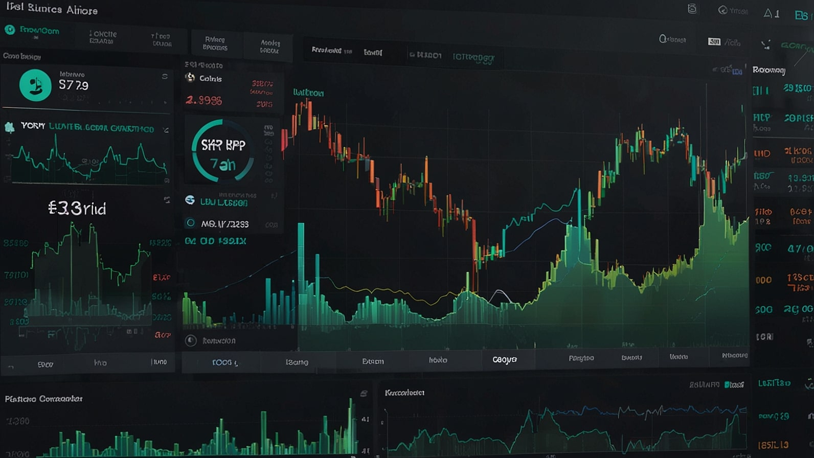 A vibrant digital dashboard from FintechZoom.com displaying real-time cryptocurrency market cap data, with Bitcoin, Ethereum, and XRP charts in the foreground, set against a sleek dark background with glowing green and blue data visualizations.