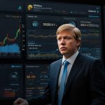 A sleek digital interface showcasing Barron Trump’s cryptocurrency portfolio, featuring World Liberty Financial’s $WLFI token data and market charts, set against a futuristic blue and gold backdrop with cryptocurrency logos and financial graphs.