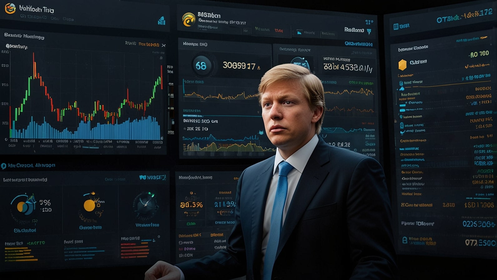 A sleek digital interface showcasing Barron Trump’s cryptocurrency portfolio, featuring World Liberty Financial’s $WLFI token data and market charts, set against a futuristic blue and gold backdrop with cryptocurrency logos and financial graphs.