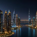 A futuristic digital interface of the Prypco Mint platform, showcasing tokenized Dubai real estate on the XRP Ledger, with vibrant charts, property listings, and blockchain data displayed against a sleek blue and gold background.