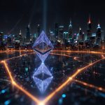 A dynamic digital illustration of the Ethereum logo glowing in a futuristic cityscape, with a small stack of virtual ETH coins symbolizing 0.00404104 ETH, set against a backdrop of blockchain networks and financial charts.