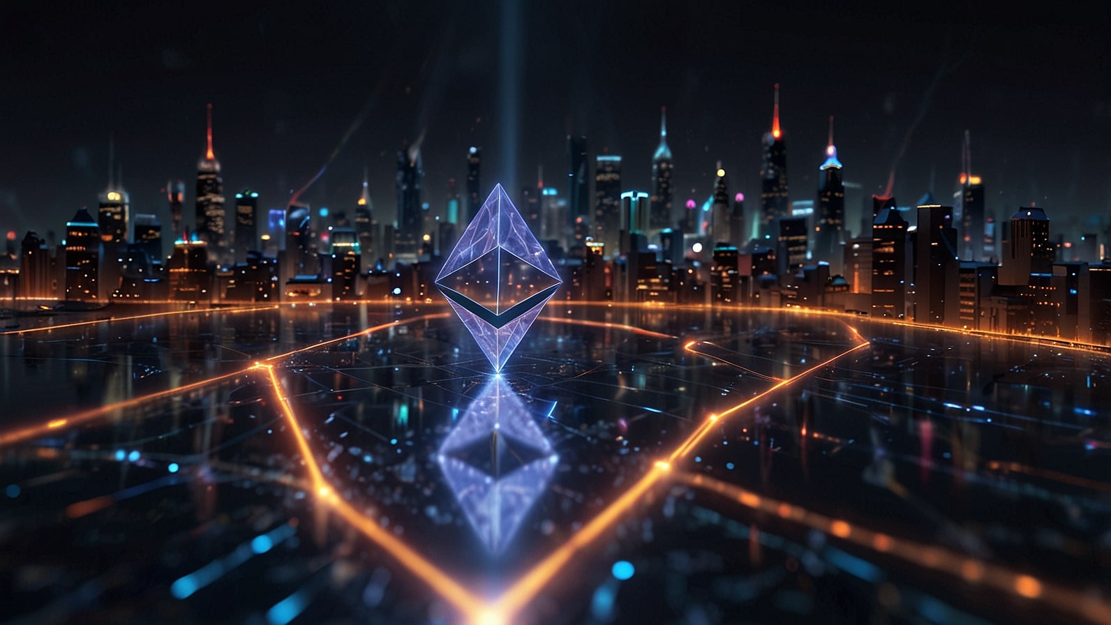 A dynamic digital illustration of the Ethereum logo glowing in a futuristic cityscape, with a small stack of virtual ETH coins symbolizing 0.00404104 ETH, set against a backdrop of blockchain networks and financial charts.