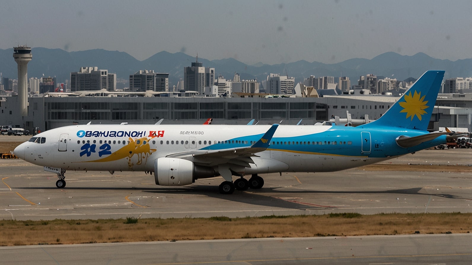 Air Busan airplane on tarmac with a "No Power Banks" sign in the foreground, highlighting the airline's groundbreaking safety policy announced on August 31, 2025.