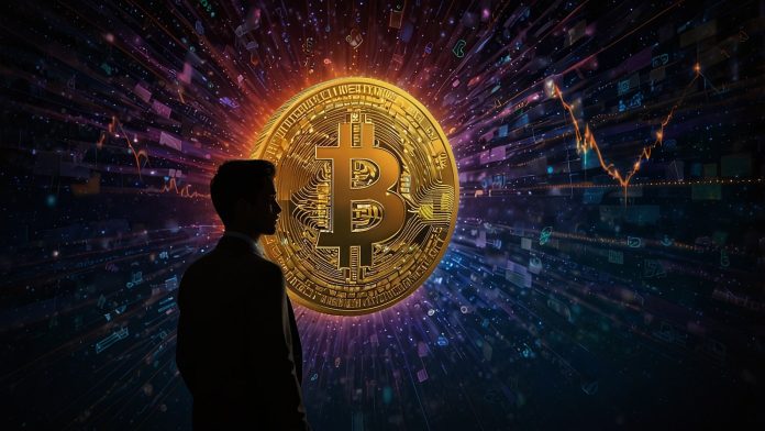 A futuristic digital illustration depicting a glowing Bitcoin symbol surrounded by stacks of virtual coins, with a shadowy figure representing Satoshi Nakamoto in the background, symbolizing wealth and mystery.