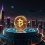 A dynamic digital illustration of a glowing Epic Chain (EPIC) coin, surrounded by tokenized assets like watches and real estate, with an Ethereum and XRP Ledger fusion in a futuristic blockchain cityscape.