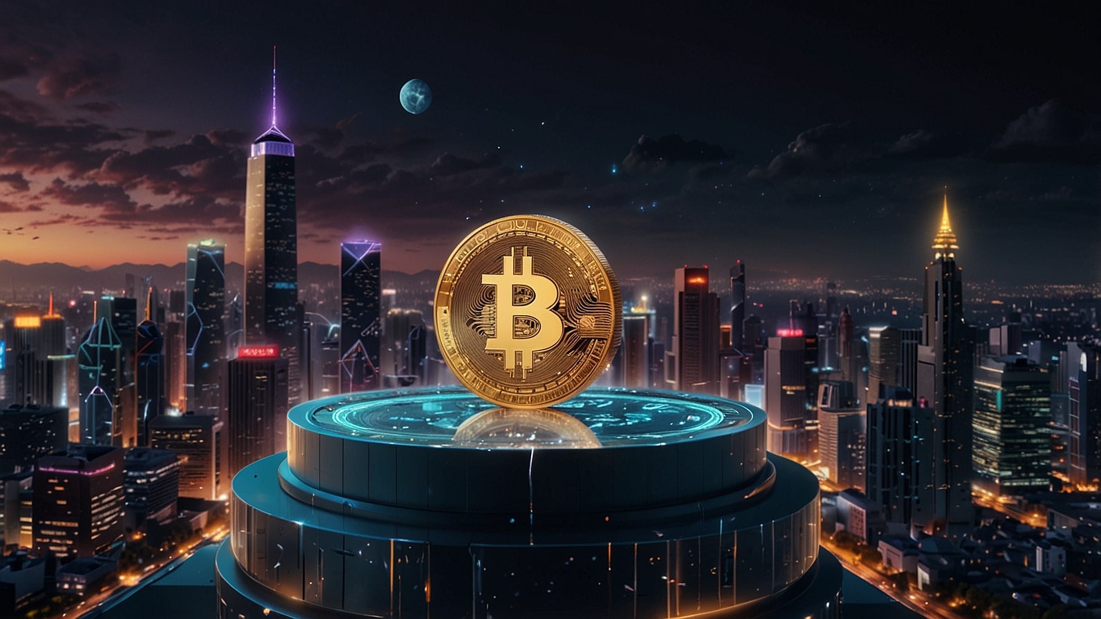 A dynamic digital illustration of a glowing Epic Chain (EPIC) coin, surrounded by tokenized assets like watches and real estate, with an Ethereum and XRP Ledger fusion in a futuristic blockchain cityscape.
