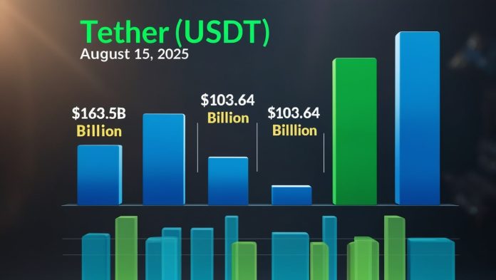 A bar chart illustrating Tether (USDT) market performance on August 15, 2025, showcasing its $163.58 billion market cap and $103.64 billion trading volume, set against a dark background with green and blue bars.