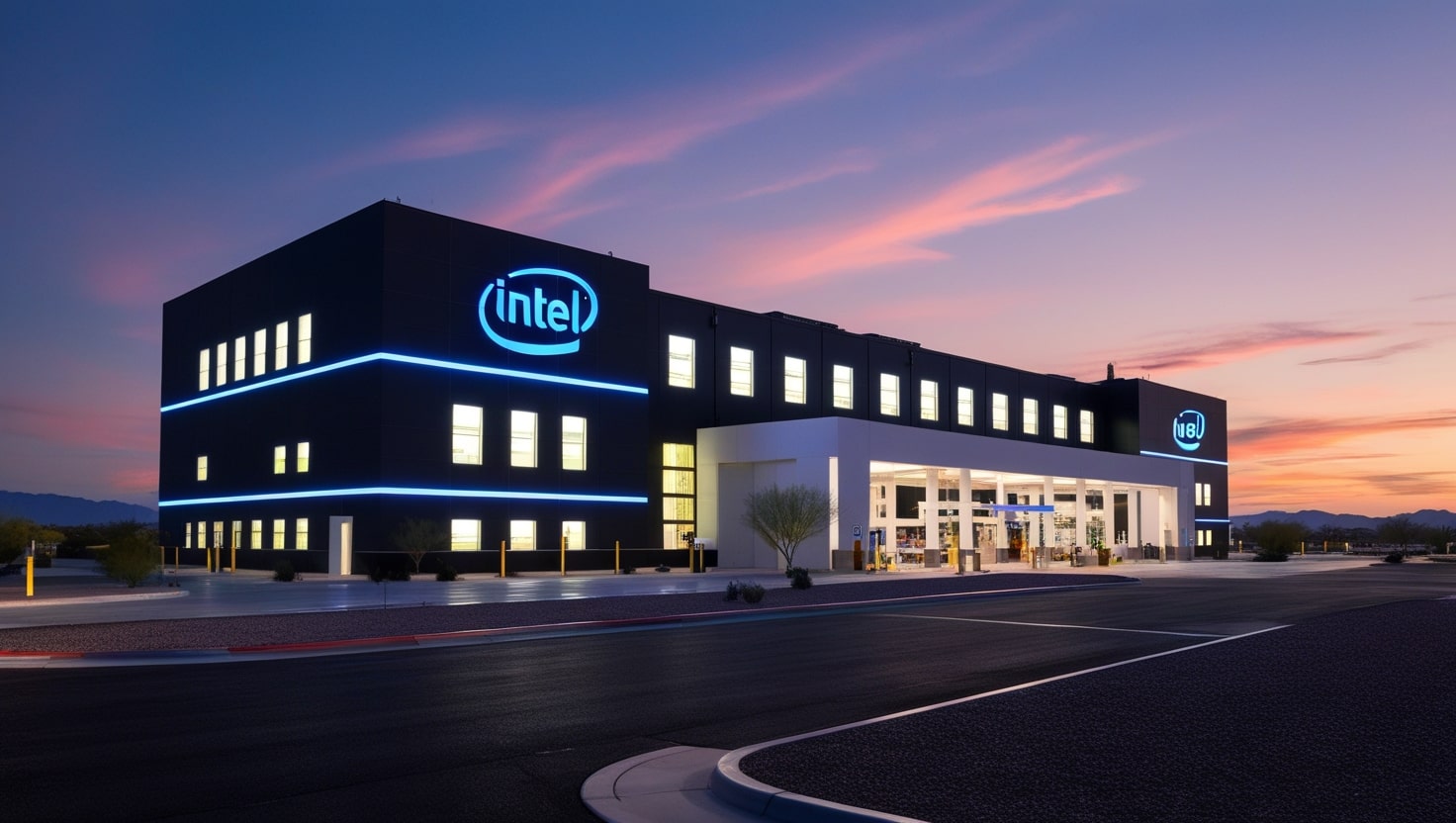 A modern Intel semiconductor factory illuminated at dusk, with sleek buildings and glowing lights, symbolizing advanced chip manufacturing.