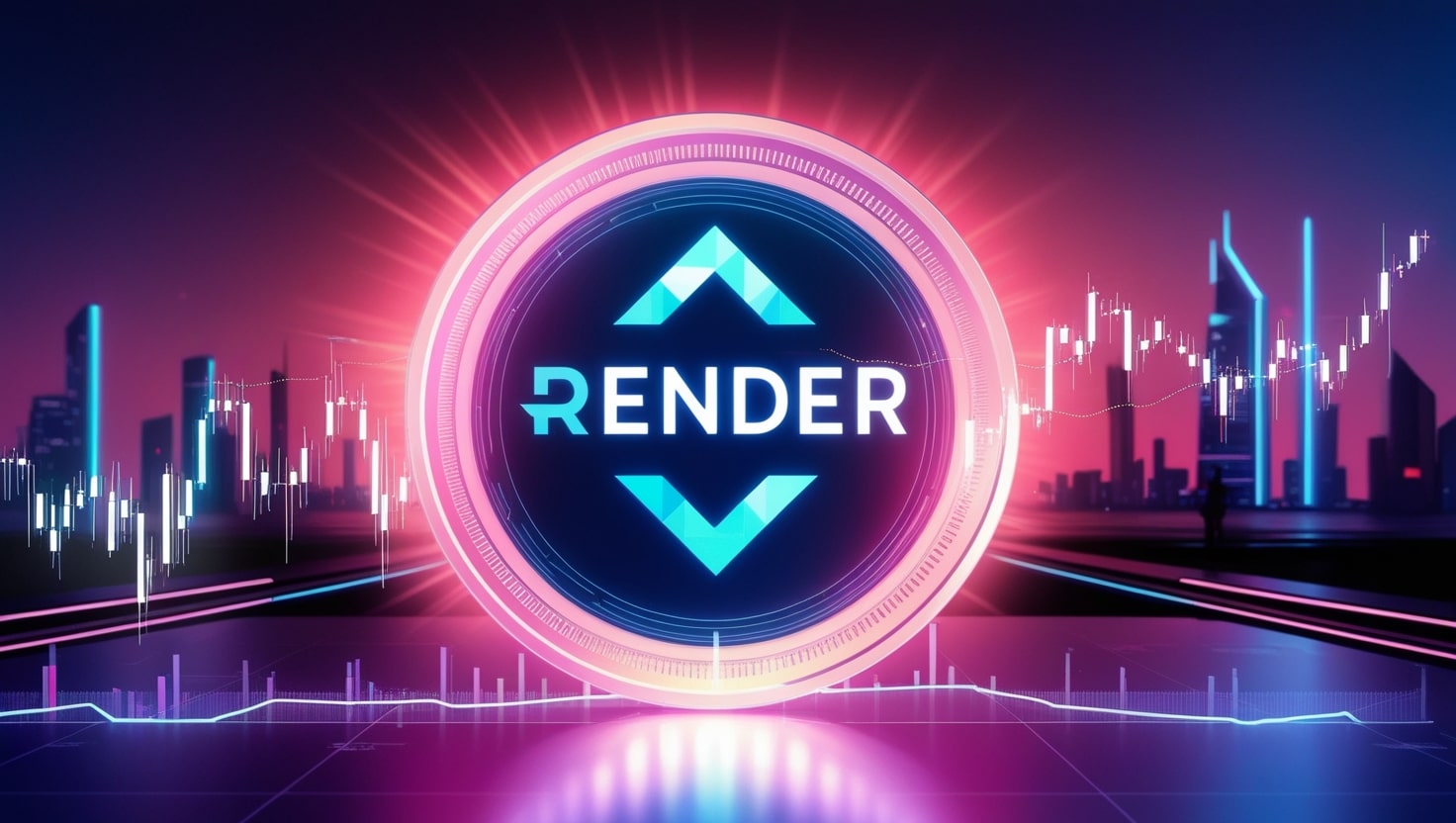 A digital illustration of the Render (RENDER) cryptocurrency logo glowing against a futuristic cityscape, with a graph showing price trends in the background.