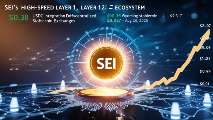 A vibrant digital artwork featuring the Sei (SEI) cryptocurrency logo glowing against a backdrop of interconnected blockchain nodes, with a dynamic price chart highlighting recent market trends.
