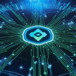 A digital illustration of a glowing blockchain network with interconnected nodes and the Cardano logo at the center, set against a futuristic blue backdrop.