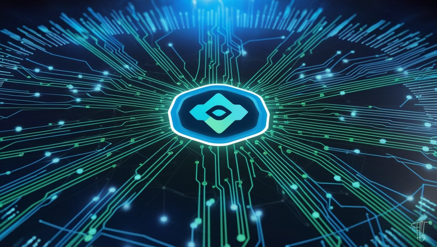 A digital illustration of a glowing blockchain network with interconnected nodes and the Cardano logo at the center, set against a futuristic blue backdrop.