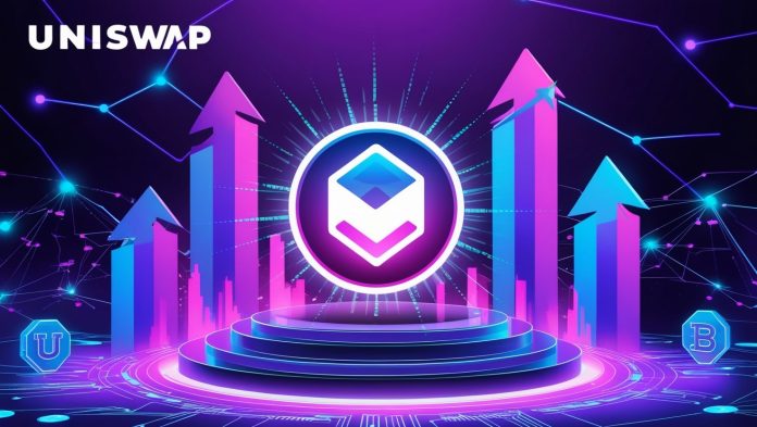 A digital illustration of the Uniswap logo with a glowing UNI token surrounded by upward-trending graphs and Ethereum blockchain elements, representing the token's price surge in August 2025.