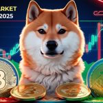 Digital illustration of a Shiba Inu dog surrounded by glowing cryptocurrency charts and coins, symbolizing SHIB's market activity in August 2025.