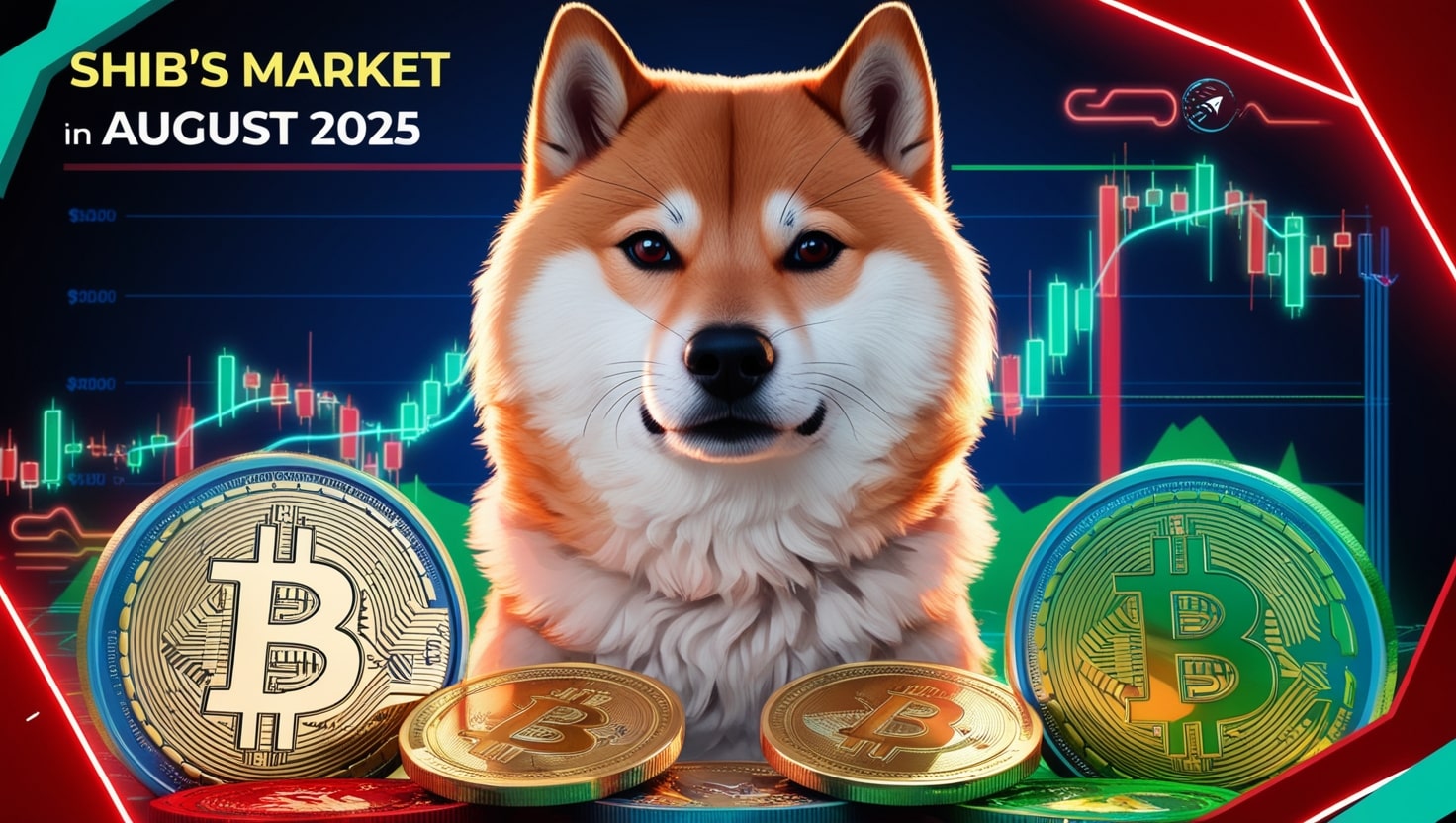 Digital illustration of a Shiba Inu dog surrounded by glowing cryptocurrency charts and coins, symbolizing SHIB's market activity in August 2025.
