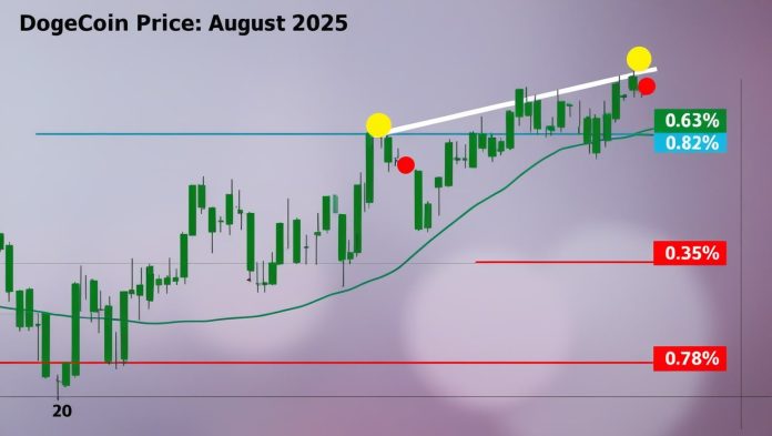 Line chart showing Dogecoin's price trends for August 2025, highlighting a 0.63% daily increase with key technical breakout levels.