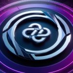 A futuristic digital artwork featuring interconnected data nodes orbiting the Chainlink logo, set against a vibrant purple and blue blockchain-inspired background.